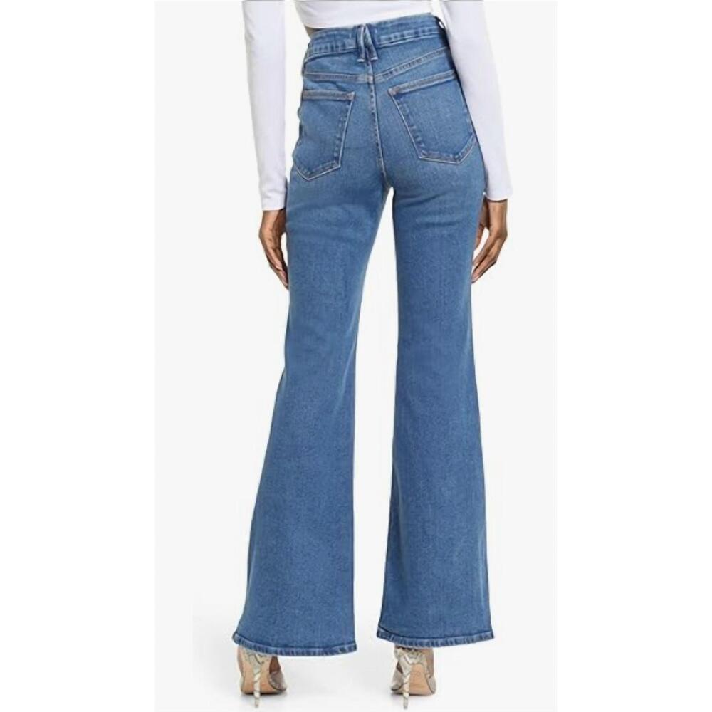 NEW GOOD AMERICAN women's good legs flare twisted slit jeans in indigo - Picture 2 of 2